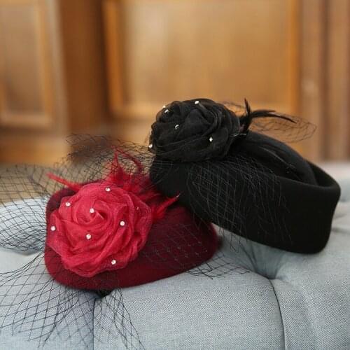 Burgundy Black Women Veil Beret Cap British Women Silk Flower Wool Feather Fedora Fashion Pillbox Stewardess Church Fascinator