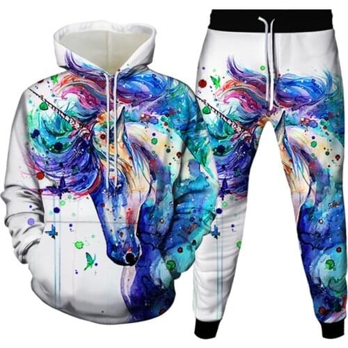 Paint Unicorn Sloth Horse Sheep Galaxy Cat Print Men Two Piece Sets Casual Outfit Fall Clothes Women Hoodies Trousers Tracksuit