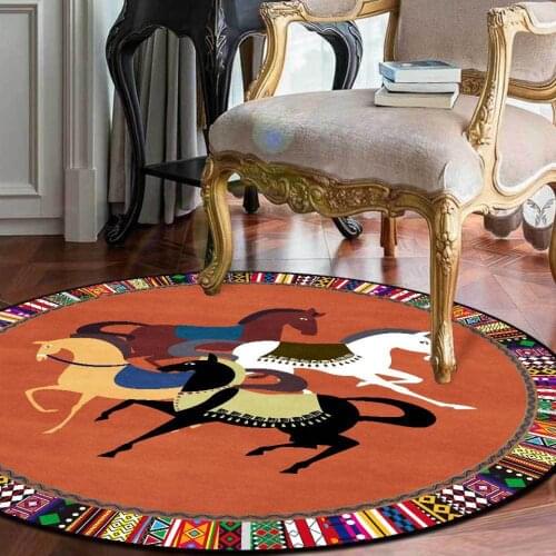 Round Carpet Horse 3D Print Living Room Rugs Luxury Ethnic Frame Black Blue Orange Bedroom Bedside Sofa Chair Floor Mat Non-slip