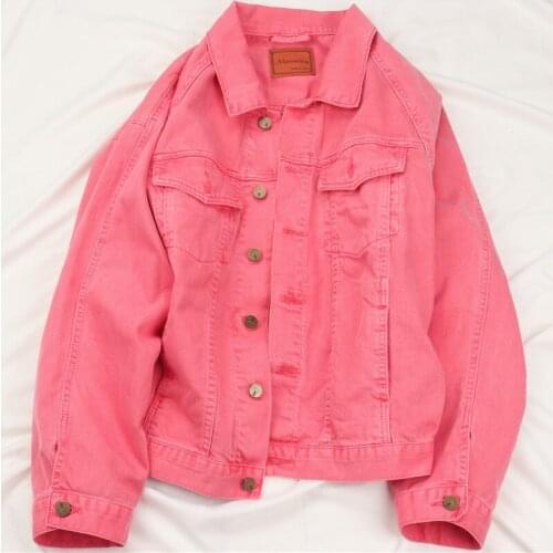 Korean style Pink Denim Jacket Coat Women Spring Autumn Loose Bat sleeve Bomber Jeans Jacket Female Casual Streetwear Outerwear