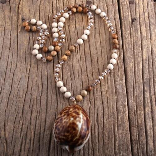 RH Fashion Boho Jewelry Accessory Natural Stones Glass Knotted With Conch Drop Pendant Necklaces For Women Gift