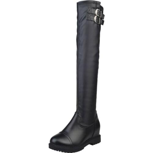 Autumn And Winter New Pattern Fashion Highest Quality Thin PU Overknee Boots Low With Belt Buckle Back Zipper Knight Boots