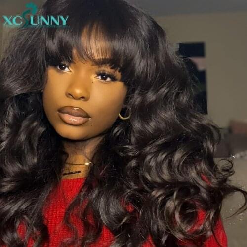 Water Wave Human Hair Wigs With Bangs Scalp Top Wavy Full Machine Made Wig 200 Density Remy Brazilian For Black Women Xcsunny