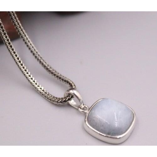 Real Silver 925 Pendant square Aquamaine For Women Female Girl Wheat Chain Gift