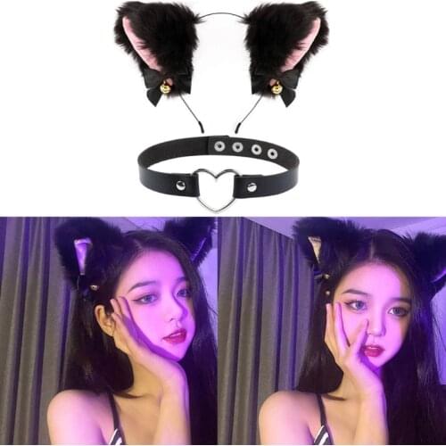 Cat Ears Headband Plush Furry Cute Cat Ears with Bow Bell Chocker Fluffy Headwear Kitten Necklace for Party Halloween