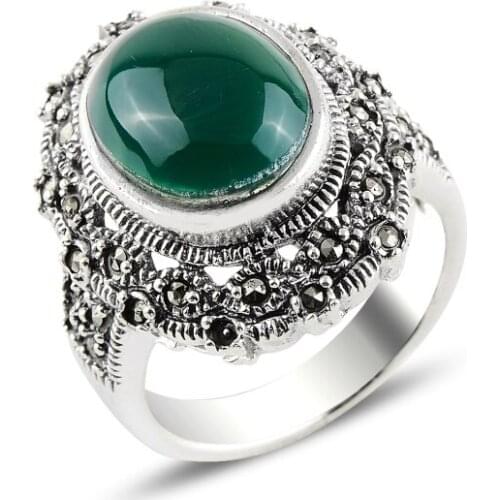 Silver 925 Sterling Green Agate & Marcasite Ring