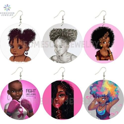 SOMESOOR Pink Curly Girl Fight Wooden Drop Earrings Afro Natural Hair Black Art Paint African Wood Jewelry For Women Gifts 6Pair