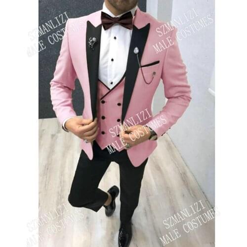 SZMANLIZI 2020 Fashion Pink Groom Suits For Wedding 3 Piece Mens Tuxedos Best Man Prom Party Dress Male Wedding Custom Made Suit