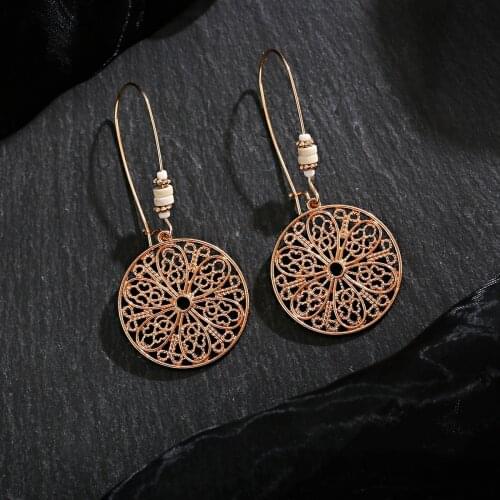 Vintage Ethnic Earring Geometric Antique Rose Gold Hollow Flower Drop Earring Piercing Earring Statement Jewelry