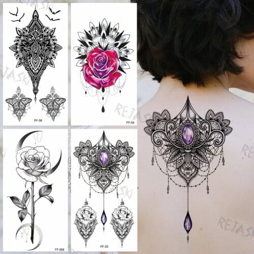 Fake Gem Pendant Temporary Tattoos For Women Girls Realistic Rose Mandala Butterfly Fake Tattoo Sticker Charming Back Arm Tatoos