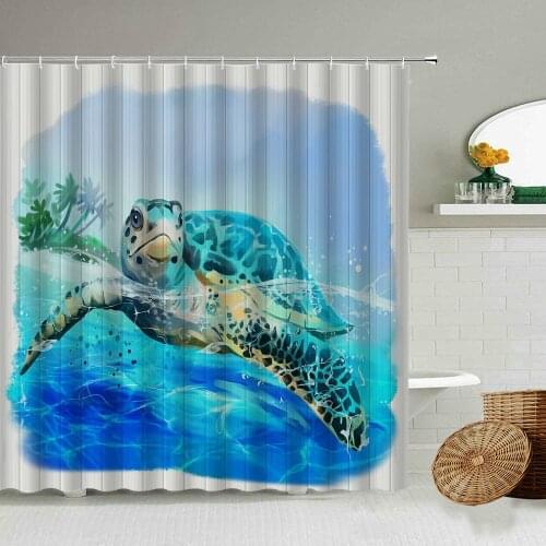 Cartoon Turtle Blue Marine Animal Shower Curtain Creative Wood Grain Design Childrens Bathroom Waterproof Polyester Curtains