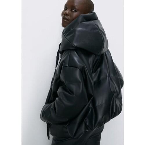 PU Leather Parkas Women Fashion Hooded Faux Leather Coats Women Elegant Zipper Cotton Jackets Female Ladies