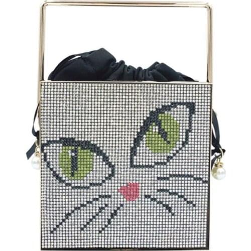 Cartoon Cat Diamond Handbags for Women 2021 New Cute Rhinestone Metal Handle Small Square Evening Bag Female Cage Dinner Purse