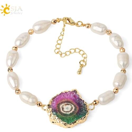 CSJA Natural Stone Pearl Bracelets Geode Druzy Colorful Crystal Lobster Buckle Gold-color Copper Chain Charm Women Bangles G449