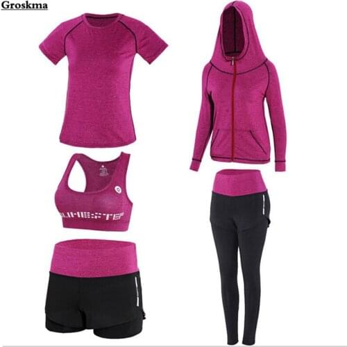 Yoga women 5 piece set quick dry high waist pants+t shirt+bra+shorts+hooded coats fitness gym clothing workout sportswear sets
