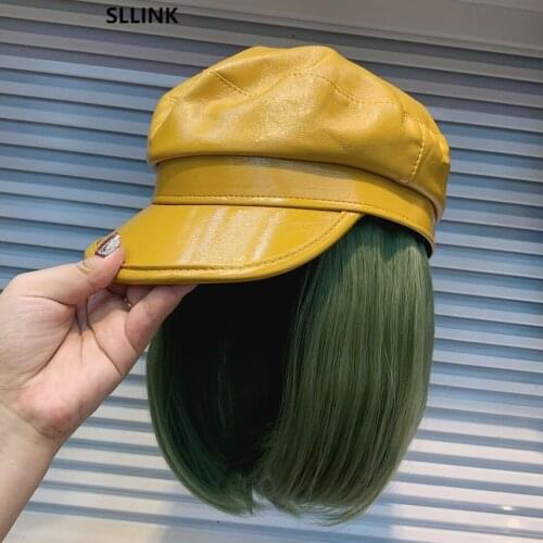 Synthetic Wide Brim Bucket Hat Hair Wig Black Brown Color Long Straight Hair Extension with Winter Warm Hat for women