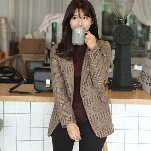 Autumn winter new feminino retro plaid suit jacket straight casual woolen jacket Suit Plaid Slim Blazer Plaid wool suit Female