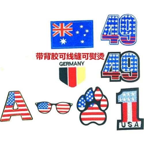 20pcs/lot Embroidery Patches Letter Clothing Decoration Number New Flag Glasses Paw Red Blue Line Heat Iron Transfer