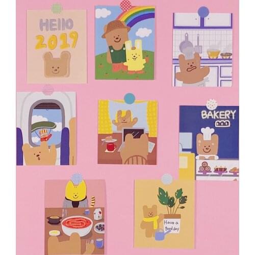 8Pcs/Packs Cute Postcard Style Sticker Kawaii Bear Hand Account Decoration Handmade Sticker Cartoon Album Wall Sticker