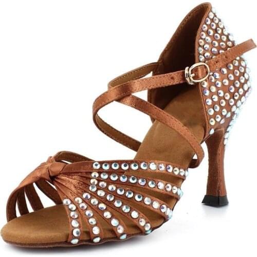 Evkoodance Practice Party Dance Shoes Brown Satin Latin Dance Shoes with Rhinestone Women High Heel Latin Salsa Ballroom Shoes