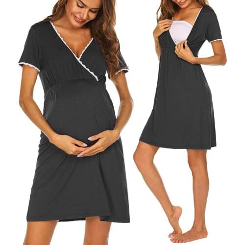Maternity Nuring Robe Pajamas Sleepwear Lace Trim V-neck Pregnancy Breastfeeding Nightgowns For Pregnant Women Nightdress