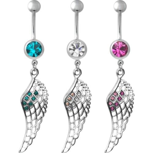 Shiny Inlay Crystal Hollow Feather Wing Dangle Navel Belly Button Ring Body Piercing,Belly Piercing Ombligo Nombril 1 PCS