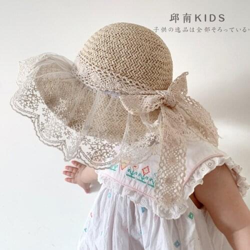 Children Straw Hat 2021 Girls Summer Breathable Lace bow Visor Baby Princess Travel Sunscreen Beach Hat