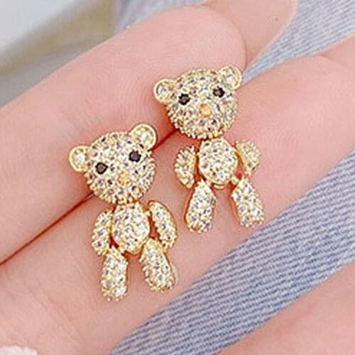 JUWANG Exquisite Bear Design Earrings Adjustable Limbs Shine Inlaid Zircon Personalized Sweet Ear Stud For Women Wedding Jewelry