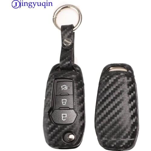 Jingyuqin 10p Carbon Fiber Patten Soft Silicone Car Key Case Cover For Ford Everest Explorer Edge Focus Kuga Car-Styling