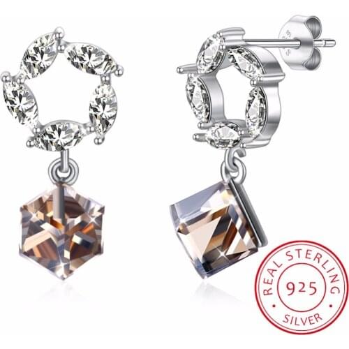 LEKANI 925 Sterling Silver Austrian Flower Shape Square Crystals Pendant Drop Earrings For Bridal Fine Jewelry