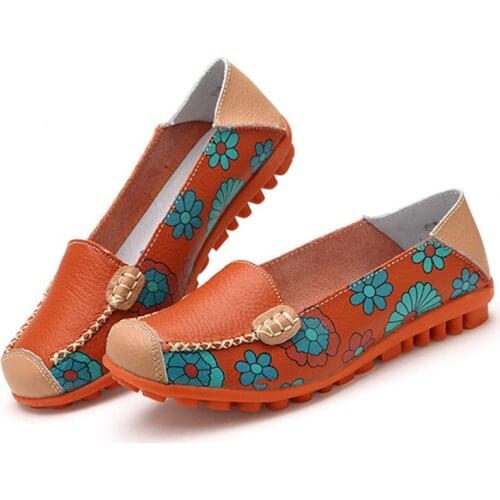 High Quality Ballet Summer Flower Print Women Genuine Leather Shoes Woman Flat Flexible Nurse Peas Loafer Flats Appliquesm 35-44