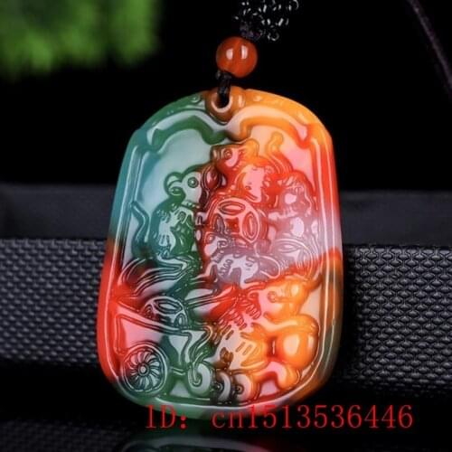 Chinese Colorful Jade Five Rats Transport Wealth Pendant Necklace Charm Jewellery Fashion Hand-Carved Woman Amulet Sweater Chain