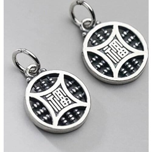 925 Sterling Silver Chinese Good Luck Round Charms For Friend DIY Jewelry 13mm S925 Silver Pendant Widget Money Coming Blessing