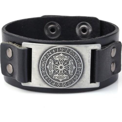 Norse Runes Thor Hammer Leather Bracelet Bangle Bracelet Cross Stauros Badge Charm Adjustable Cuff for men