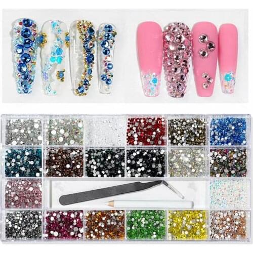 Mixed Nail Art Rhinestones Kit Acrylic Boxed 21 Grids Mixed Size Set 1Pcs Pick Up Pen Large Crystal Decorations 3D AB Flat Gem