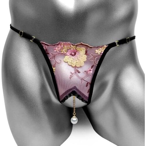 Cross Dress Sissy Panties Crotchless Embroidery Men Sexy Lingerie Panty Underwear G String T Back Low Rise Floral Bikini