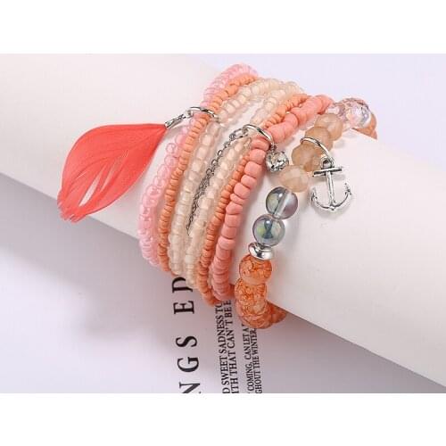 Bohemian Friendship Feathers Bead Bracelets & Bangles For Women Anchor Charm Bracelet Set Femme Pulseras Mujer Jewelry Gift