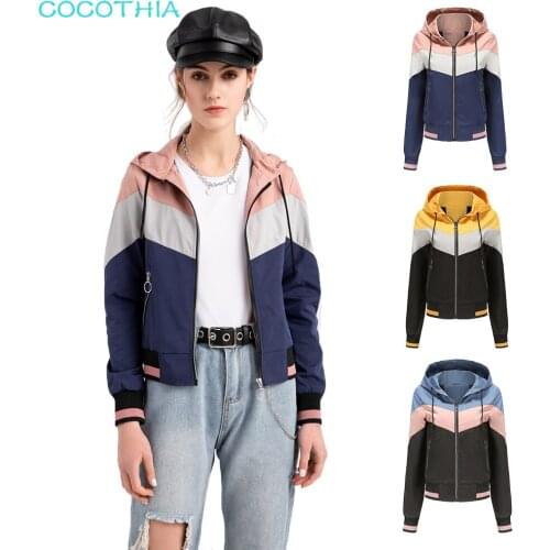 COCOTHIA Lady Autumn Windbreaker Hooded Thin Jacket Color Patchwork Zipper Drawstring Y2K Girl Casual Short Coat Sporty Outwear