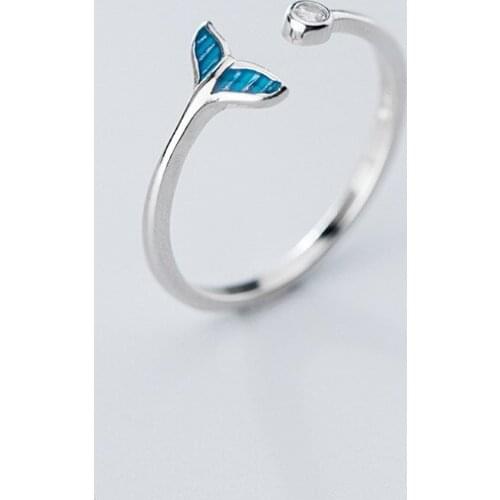 MloveAcc 925 Sterling Silver Blue Fish Tail Mermaid Open Finger Rings for Women Adjustable Band Free Size Bijoux