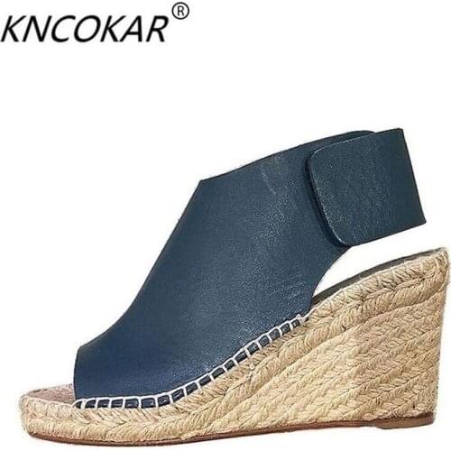 KNCOKAR2018 High heels womens summer sandals retro grass wedges and fishmouth shoes Bohemian platform shoes