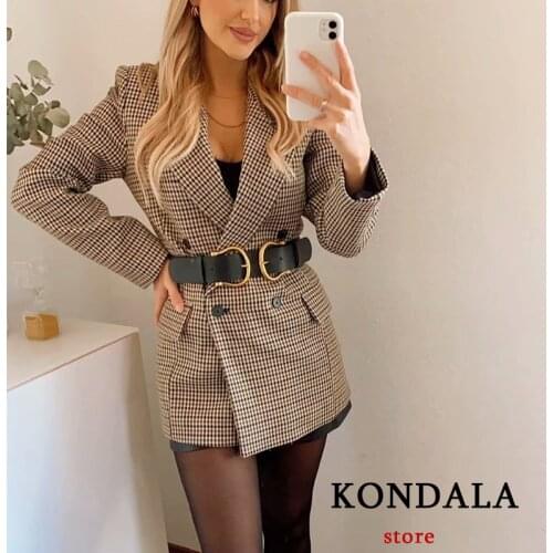 KONDALA Women Blazer Za Fashion 2021 Office Lady Plaid Print Long Jackets Vintage Oversized Pockets V Neck Blazer Mujer Outwear