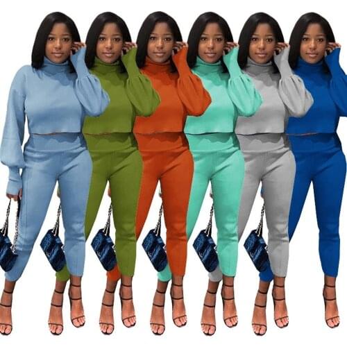 Turtleneck 2 Pieces Women Set Long Lantern Sleeve Crop Top + Elastic Waist Pants Spring Winter Casual Outfit Wholesale Clothes