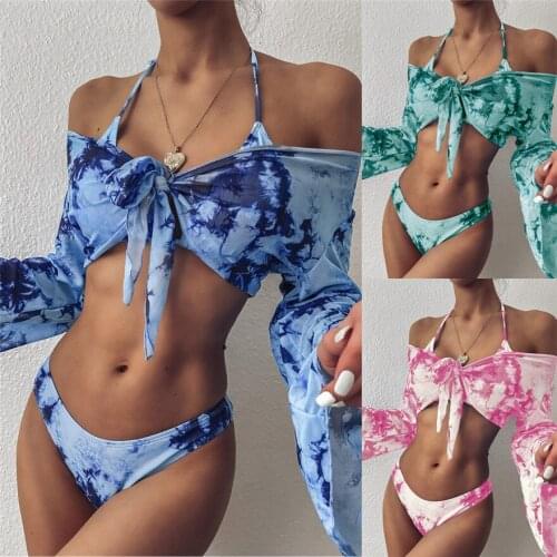 Womens Super Sexy Bikini Set Bandage Tie Dye Sexy Hanging Neck Bikini Split Swimsuit Long Sleeve Blouse Three-Piece Suit