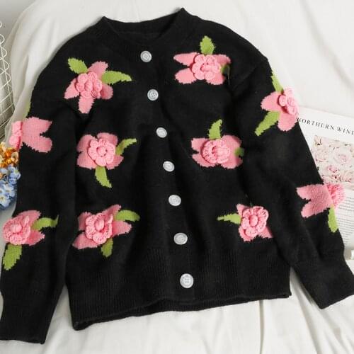 SHIJIA Vintage Rose Cropped Sweater Woman Cardigans Fall 2021 Single-breasted O Neck Knitting Coat Female Autumn Winter Knitwear