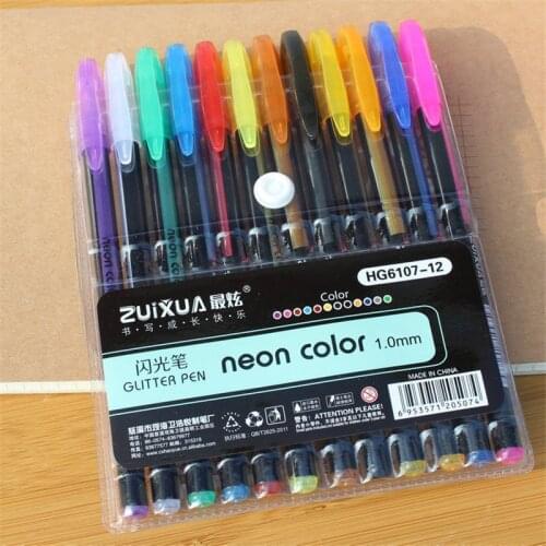 12pcs Neon Color Ink 1mm Gel Pen Artist Art Drawing Painting Marker Writing Glitter Pen Set School Office Supply Stationery Gift