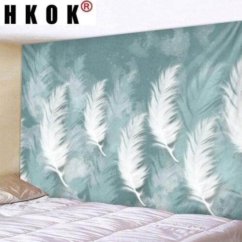 HKOK White Feather Digital Printed Tapestry Wall Hanging Wall Covering Rugs Background Cloth Beach Mat Blanket Home Decor