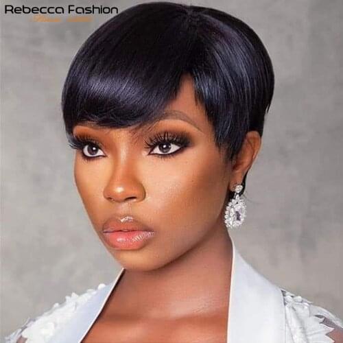 Rebecca Short Cut Straight Hair Wig Peruvian Remy Human Hair Full Wigs For Black Women Brown Red Color Cheap Hair With Bangs Wig