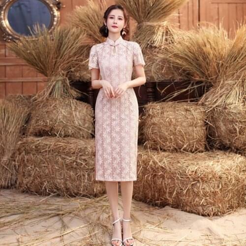 Sheng Coco New Lace Double Layer Medium Length Qipao Drip Neck Short Sleeve Chinese Style Lace Qipao Dresses Fashion Modern Qi