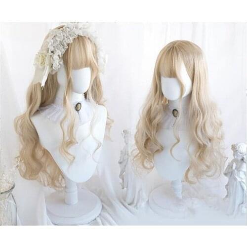 Lolita girl Long Curly Blonde Bangs Cute Synthetic Party Lady Cosplay Women Hair Wig D043