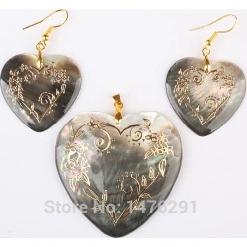 New! Heart abalone shell Gold pattern Pendant & Earrings 1 Set Charming